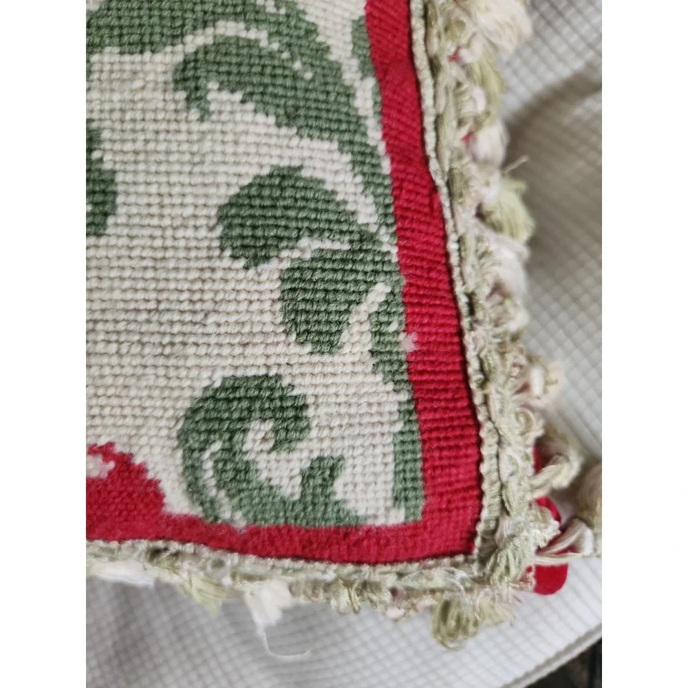 Beige Red Sage Green Tapestry Needlepoint Throw Pillow 12x12 Zipper Tassel Trim